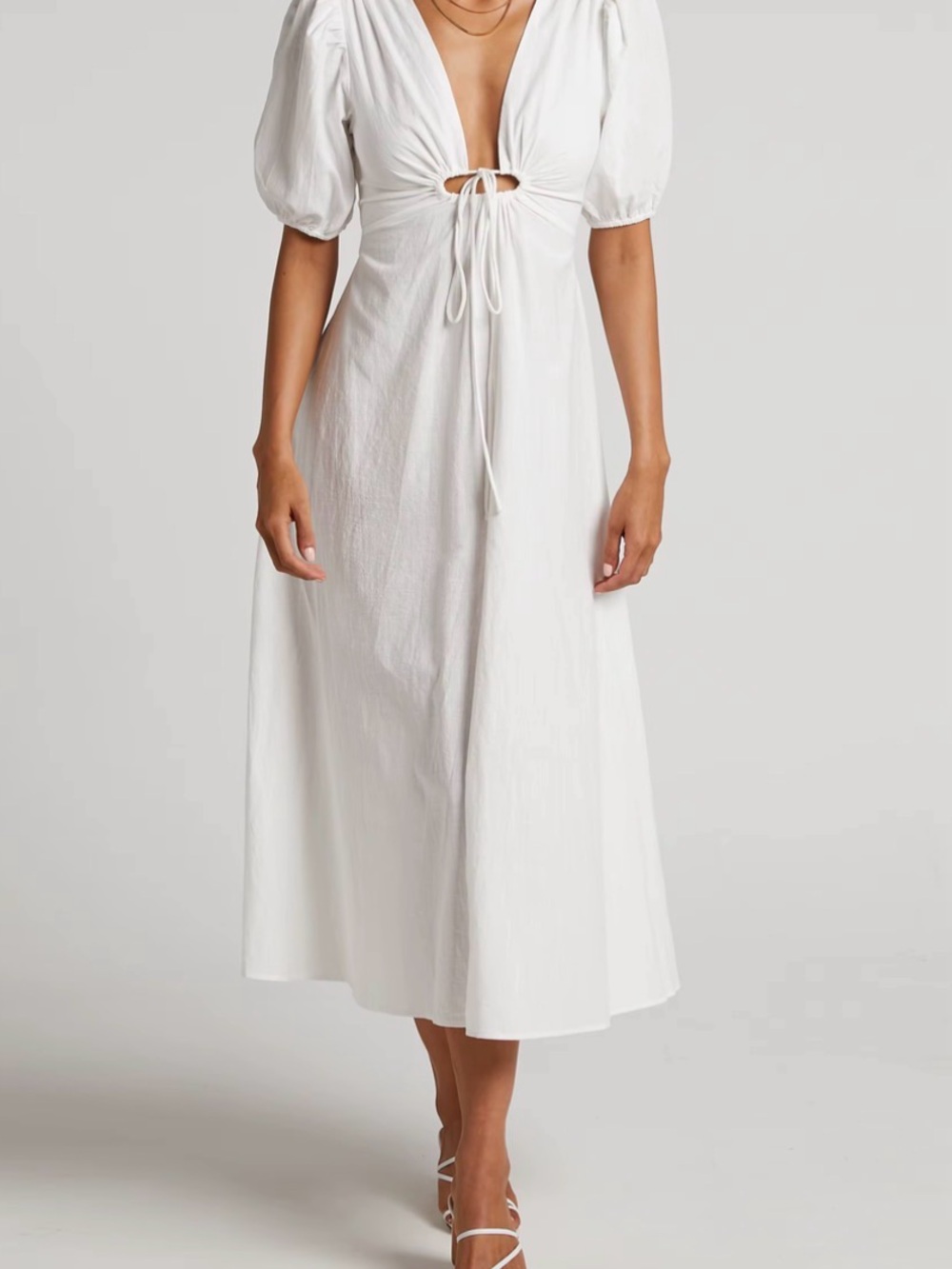 Sincerely Jules White Puff-Sleeve Tie-Front Midi Dress